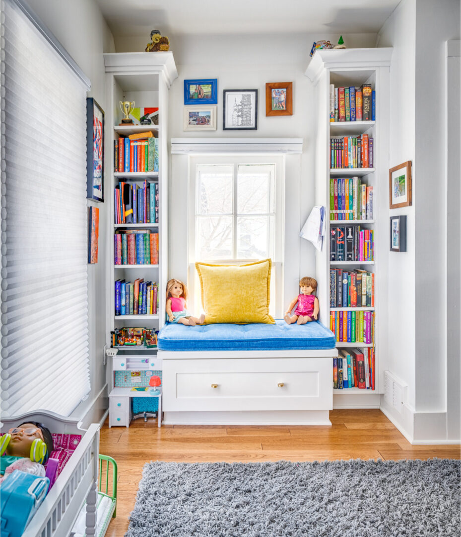 Kimble + Kimble Girls Bedroom Bookshelves and Cabinet